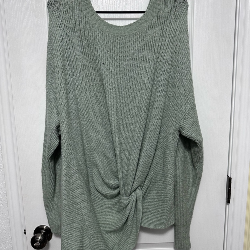 aerie Sage Green Knit Crewneck Sweater with Front Twist